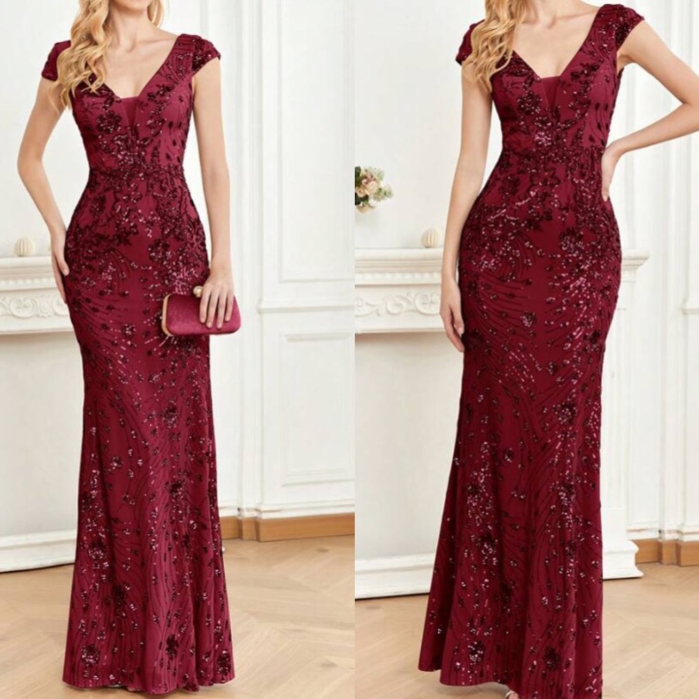 Luxe V neck sequin formal evening party dress
